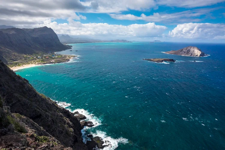 Makapuu and Waimanalo beaches with Manana Island at right, all part of Oahu. 