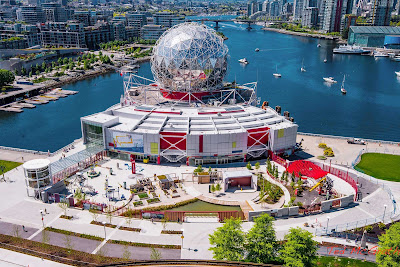 An aerial photo of Science World in Vancouver, British Columbia