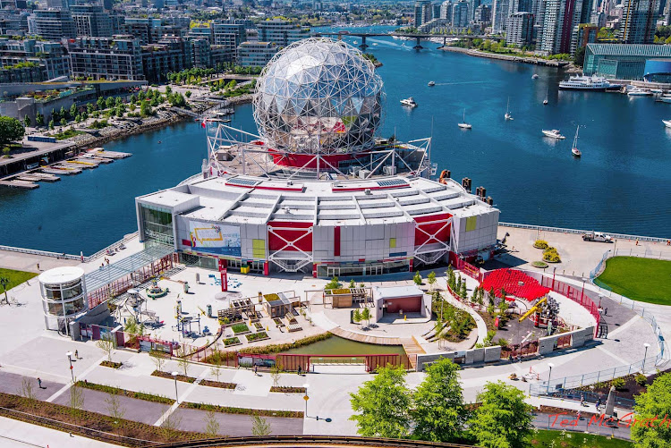 An aerial photo of Science World in Vancouver, British Columbia