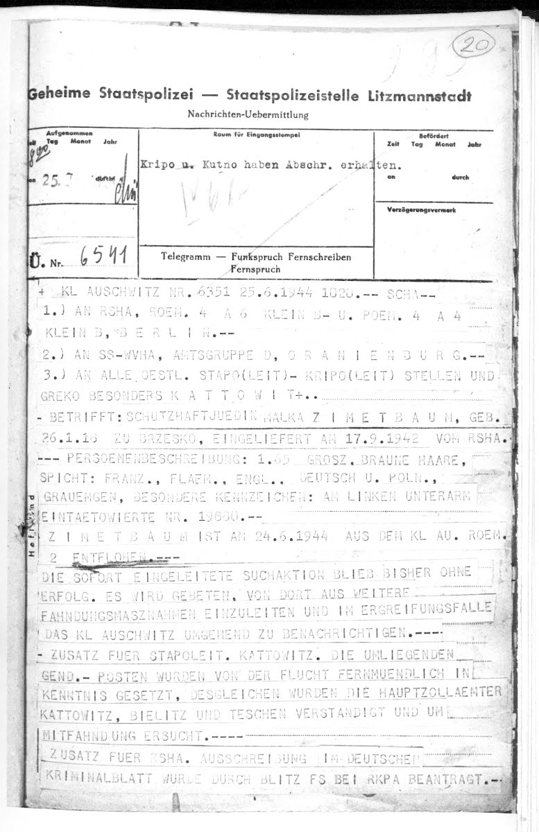 A telegram informing about the escape of prisoner Mala Zimetbaum