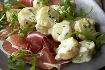 Warm new potatoes with cured ham & chives