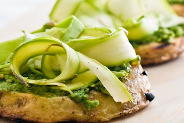 Grilled Potato Rounds with Pesto and Shaved Asparagus