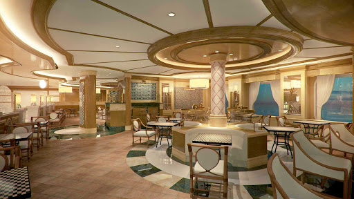 Alfredos-Pizzeria-Princess-Cruises - Watch the chefs prepare Neapolitan-style pizzas, calzones, flatbreads and baked pasta in an open kitchen at Alfredo’s Pizzeria aboard Sapphire Princess. (This is a shot of Alfredo's aboard Royal Princess.)