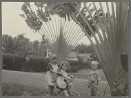 Klaas en Tiny Kleiterp en een onbekende kleuter (rechts) spelend met een driewieler in een tuin in Singkawang