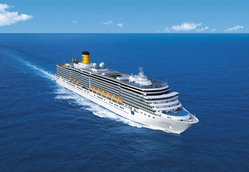 Costa-Deliziosa-aerial - Costa Deliziosa sails out of Venice, Italy, for the Greek islands and transatlantic cruises.