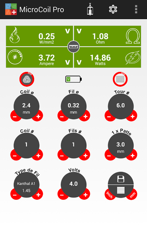 Capture d'ecran de l'application Android MicroCoil Pro (Swiss VP)