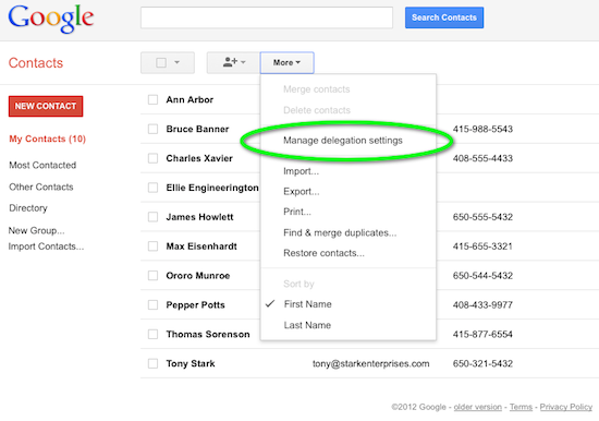 Manage contacts delegation