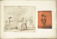 Groep figuren rond een vuur en een ketelventer