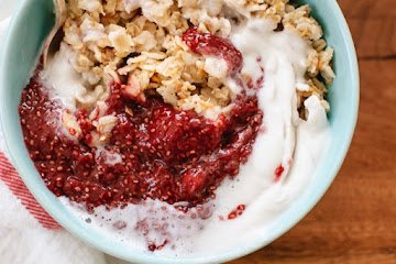 Toasted Oatmeal with Strawberry Chia Jam and Coconut Whipped Cream