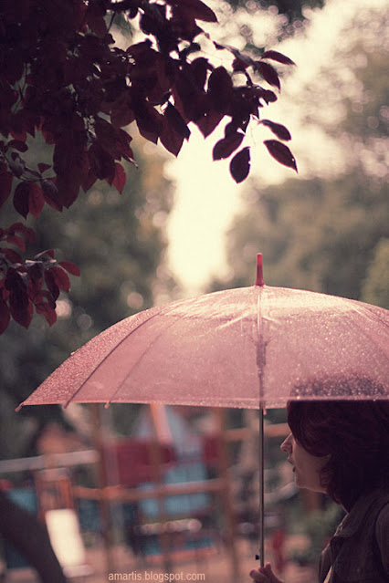 red leaves, pink umbrella, redhead woman