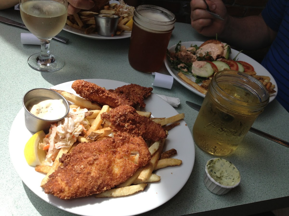 Gluten free fish and chips, salmon cakes, and cider!