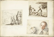 Jagers met valken, herderjongens en vrouw en kind