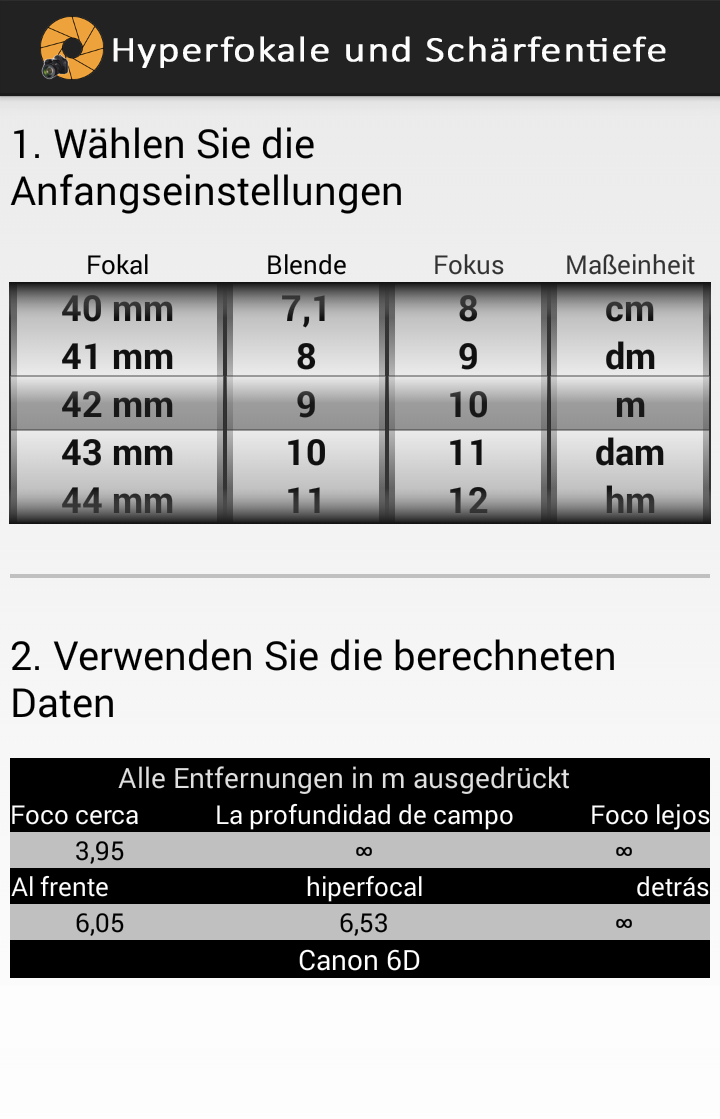 Android application Hyperfocal and DoF screenshort