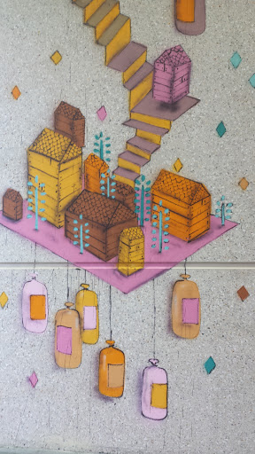 Psychedelic Stairwell of Houses Mural