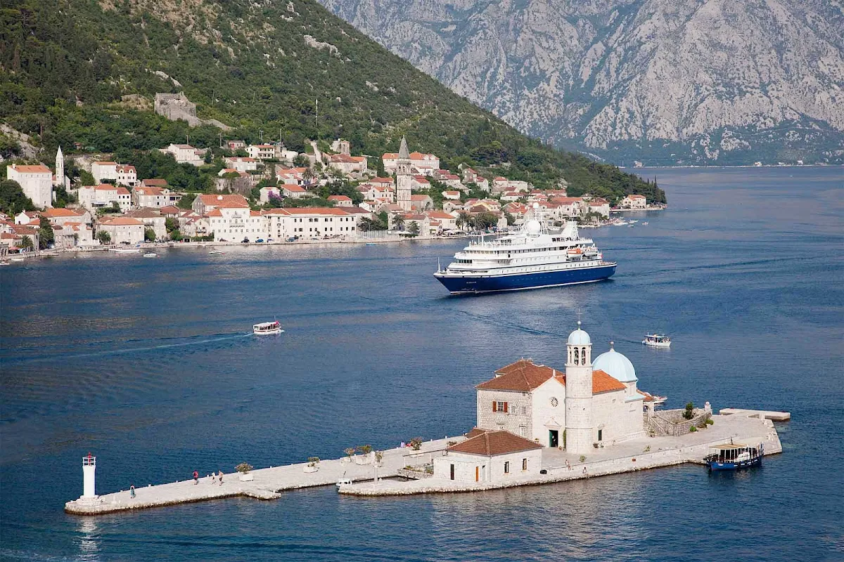 SeaDreamII-in-Kotor-Montenegro - SeaDream II sails through the harbor of historic Kotor, Montenegro.