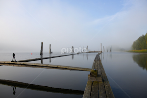 Foggy River II by Jon Eggen -   ( fetsund lenser, fetsund, blue sky, poles, norway, water, sun, glomma, fog )