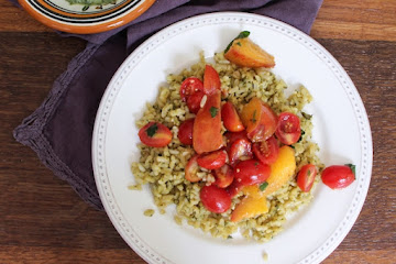 Classic Green Mint Chutney Rice Topped with Tomatoes and Nectarines from Spices and Seasons