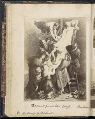 Fotoreproductie van een prent naar een schilderij van Peter Paul Rubens in de kathedraal van Antwerpen