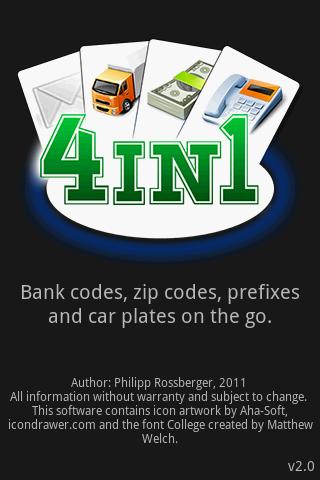 Android application 4in1 - Prefix, Zip, Car, Bank screenshort