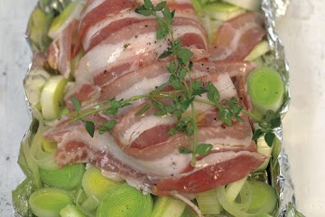 Roasted chicken breast with pancetta, leeks and thyme