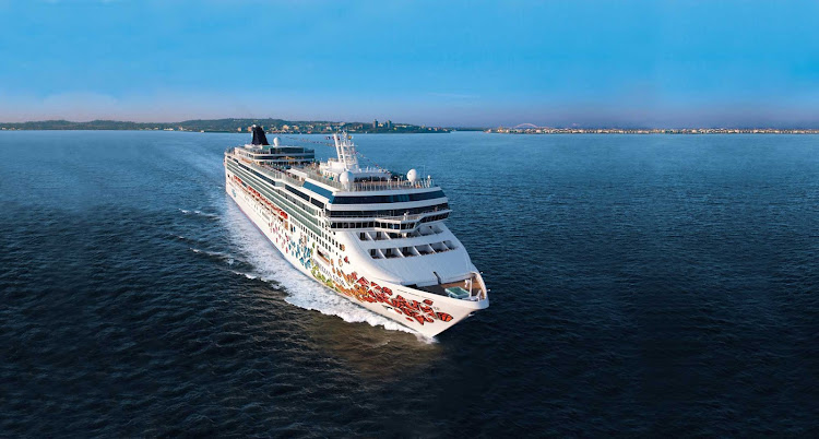 An aerial view of Norwegian Gem, a cruise ship that can carry up to 2,394 guests from Miami and New York to the Bahamas, Caribbean and Mediterranean.