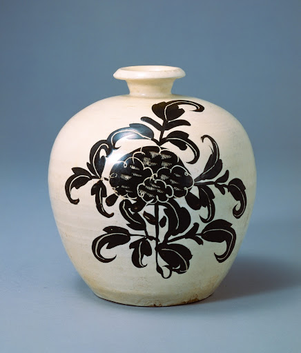 Vase with Painted Black Design of Peony,White Slip
