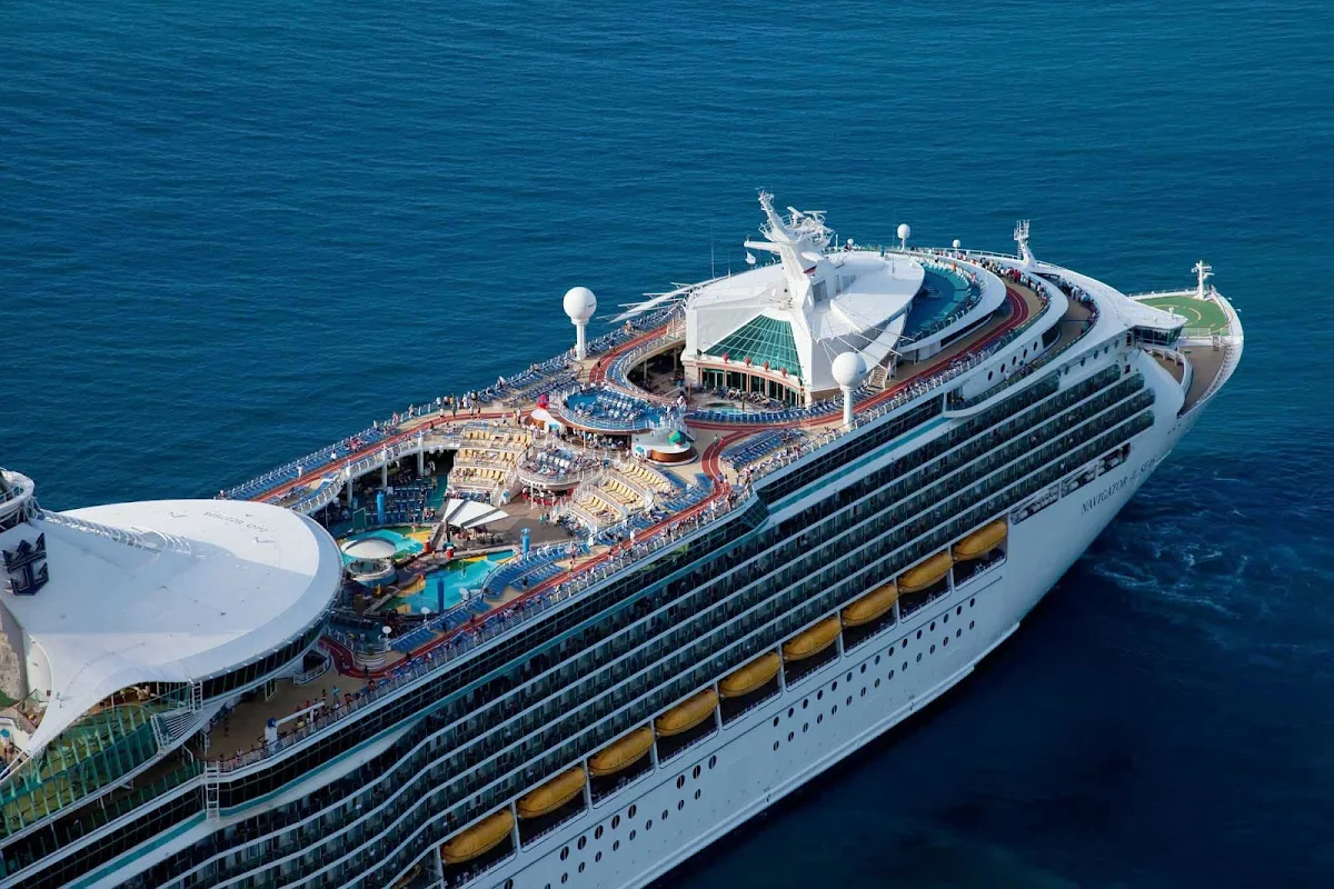 Navigator-of-the-Seas-aerial - The top view of Royal Caribbean's Navigator of the Seas. Hang out by the pool, try surfing on the FlowRider, watch movies and sporting events on a 220-square-foot outdoor screen, and stay connected with shipwide wi-fi.  
