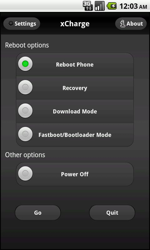 Android application xCharge reboot options screenshort