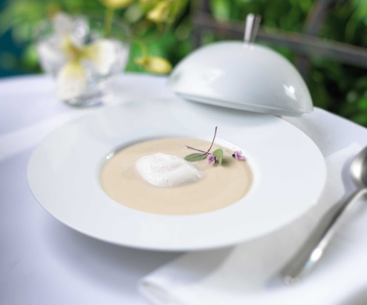 The sunchoke soup at 150 Central Park aboard Allure of the Seas. The restaurant is overseen by overseen by Michael Schwartz, a James Beard Award-winning chef with a commitment to sustainable and seasonal food sourcing.