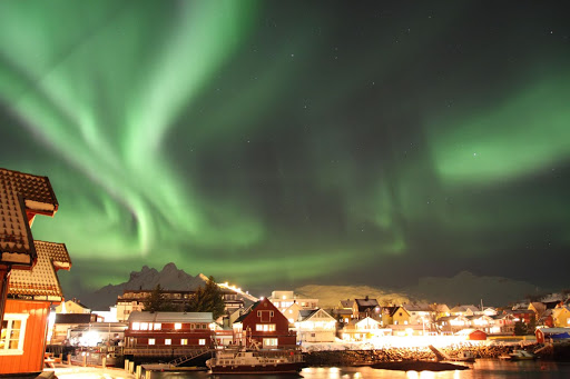 The Northern Lights seen over Svolvaer in Norway's Lofoten archipelago during a Hurtigruten cruise. 
