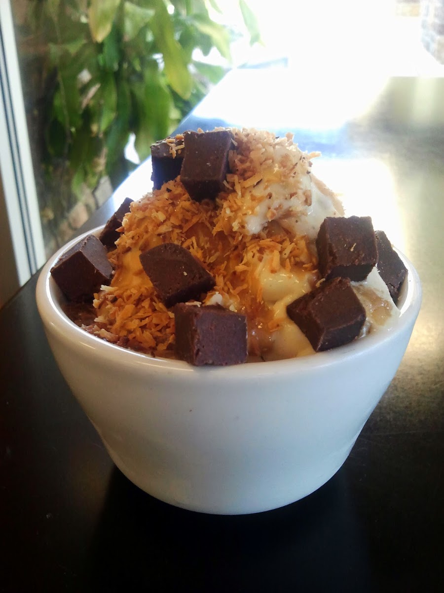 Banana Soft Serve with Chocolate Chunks and Toasted Coconut (all GF made in-house with fresh wholeso