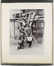 Groepsportret van Batakse vrouwen met werktuigen voor het rijst stampen, Sumatra  (Battak-Frauen, Reis stampfend)