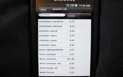 Android application Infrared Emissivity Table screenshort