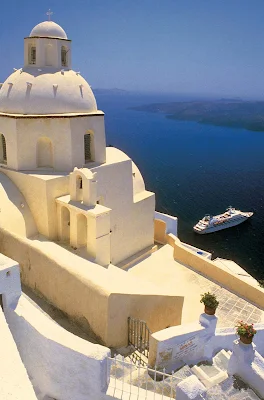 A Seabourn ship in the picture-postcard cruise haven of Santorini, Greece.