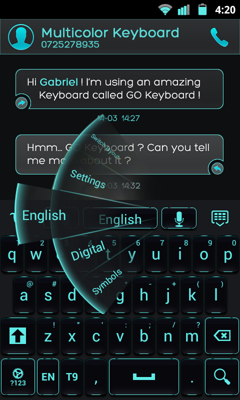 GO Keyboard Black Cyan Theme Screen 2