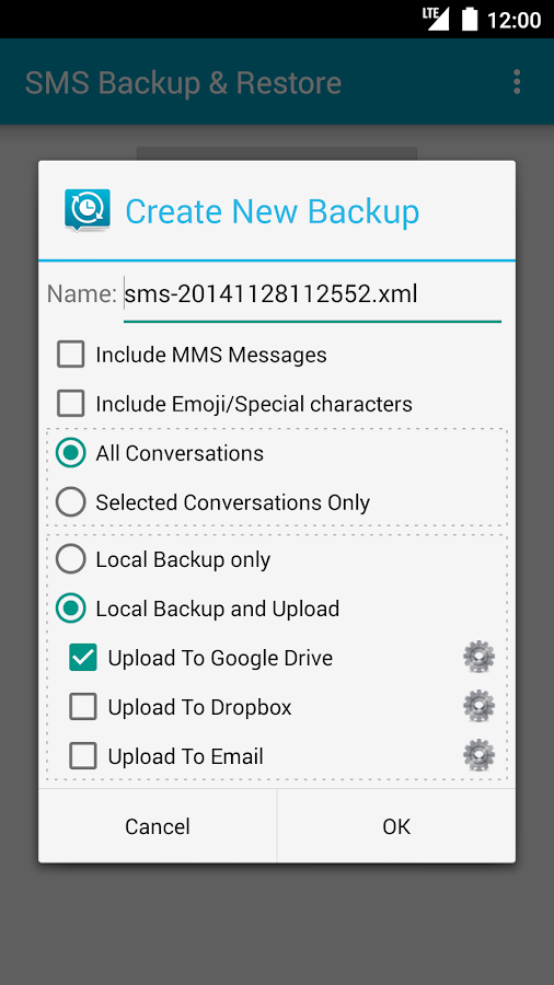 Backup e restauração de SMS - captura de tela