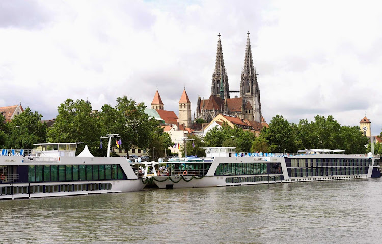 AmaDante, next to sister ship AmaCello, during her christening in Cologne, Germany. Explore the historic city on an exclusive AmaWaterways river cruise.