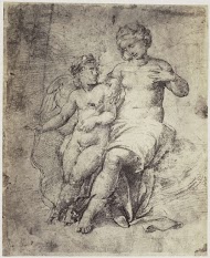 Fotoreproductie van een tekening van Giulio Romano, Cupido en Venus