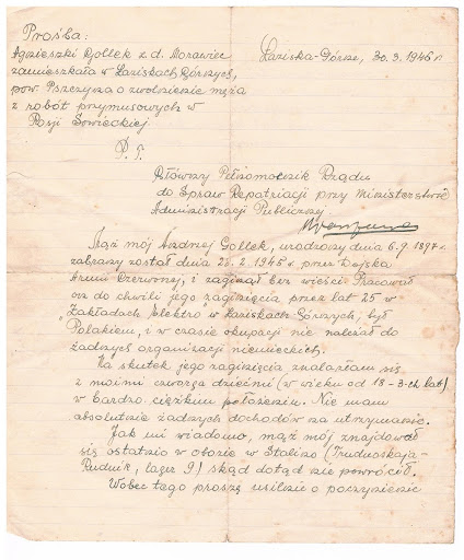Handwritten application with the request to begin efforts to free Andrzej Gollek, who was sent to Soviet labor camps