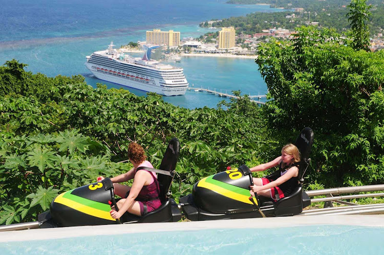 The Bobsled Jamaica tandem ride in Ocho Rios, inspired by the famed Jamaica bobsled Olympic team, is the signature attraction at Rainforest Adventures Mystic Mountain, near Dunn's River Falls. 