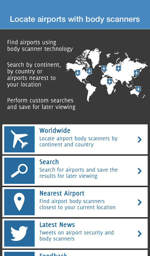 Android application Airports with body scanners screenshort